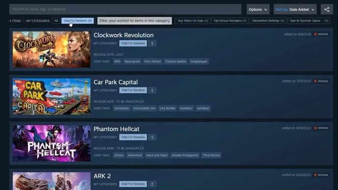 Steam добавляет категории для вишлистов и упрощает систему подарков