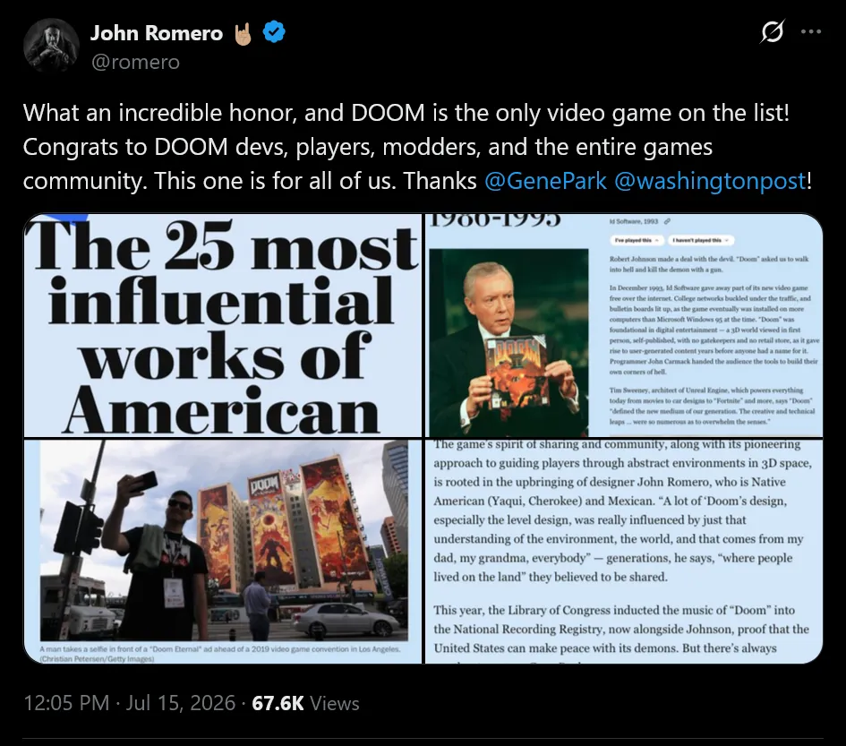 The Washington Post признала Doom одним из 25 самых влиятельных произведений американской культуры